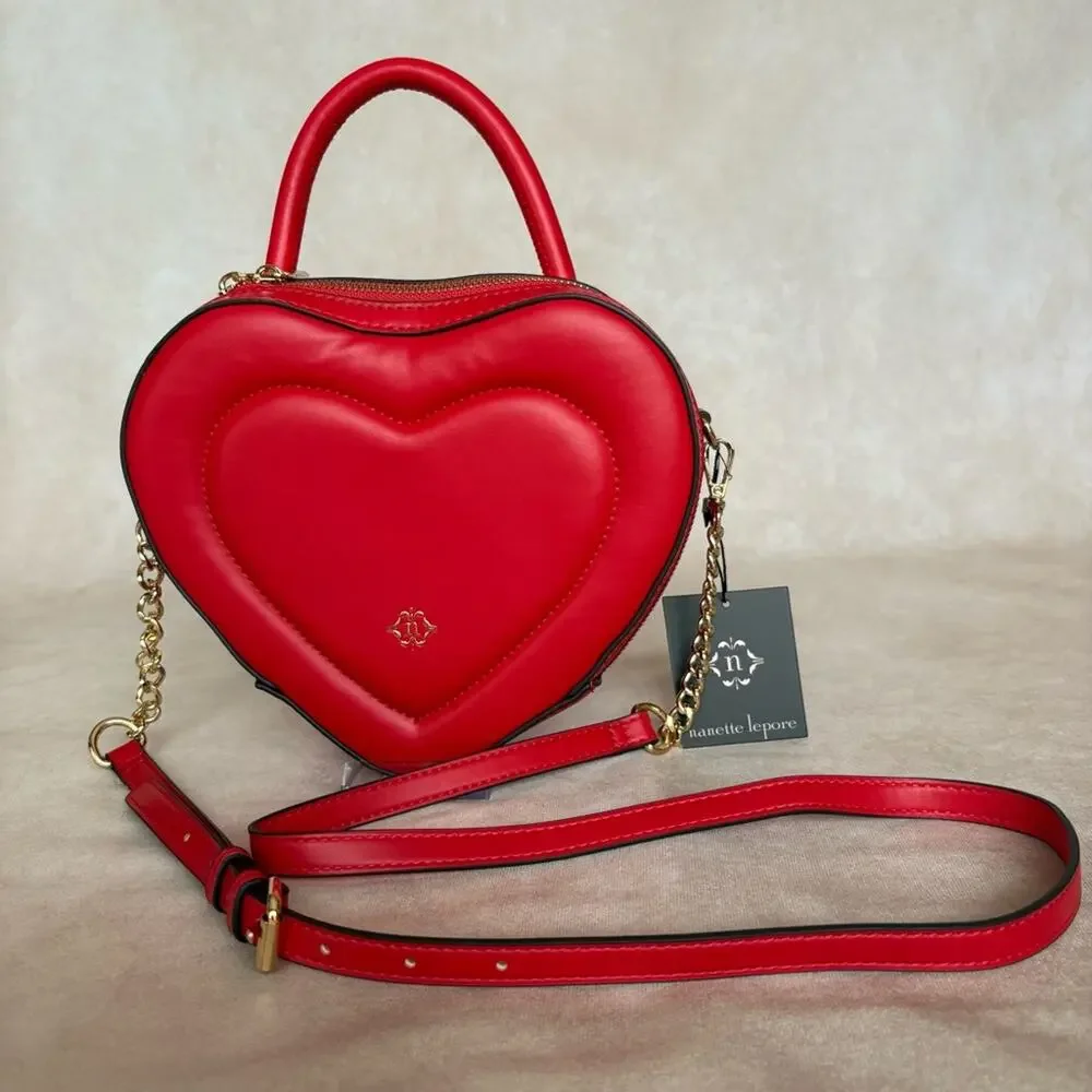 Nanette Lepore Cupid Heart Shaped Red Crossbody Bag Top Handle Purse Gold Chain